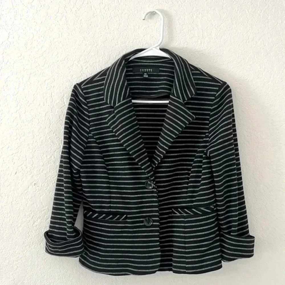 Sandro Studio‎ blazer jacket black striped stretchy buttons petite medium chic
